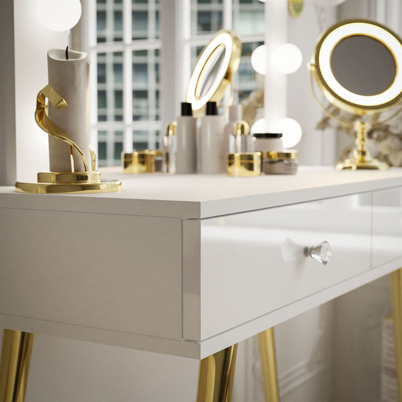 Huntingtown Dressing Table with Mirror, White/Gold