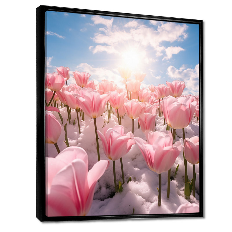 Tulipe rose, neige, paysage ensoleillé II - Tulipes, art mural, H 20 po x l 12 po x P 1 po, Toile avec cadre flottant noir