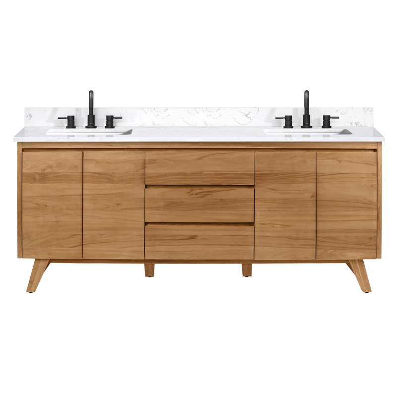 Coventry 73" Natural Teak Double Sink Vanity with White Stone Top