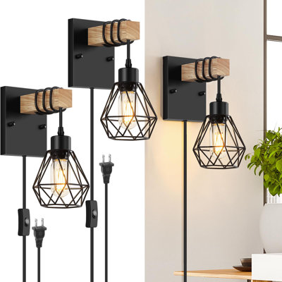 Plug In Wall Sconces Set Of Two, Vintage Wood Wall Lamps With Plug In Cord, Farmhouse Wall Light Fixture With 5.25FT On/Off Switch Cord, Indoor Wall Lamp For Bedroom Living Room