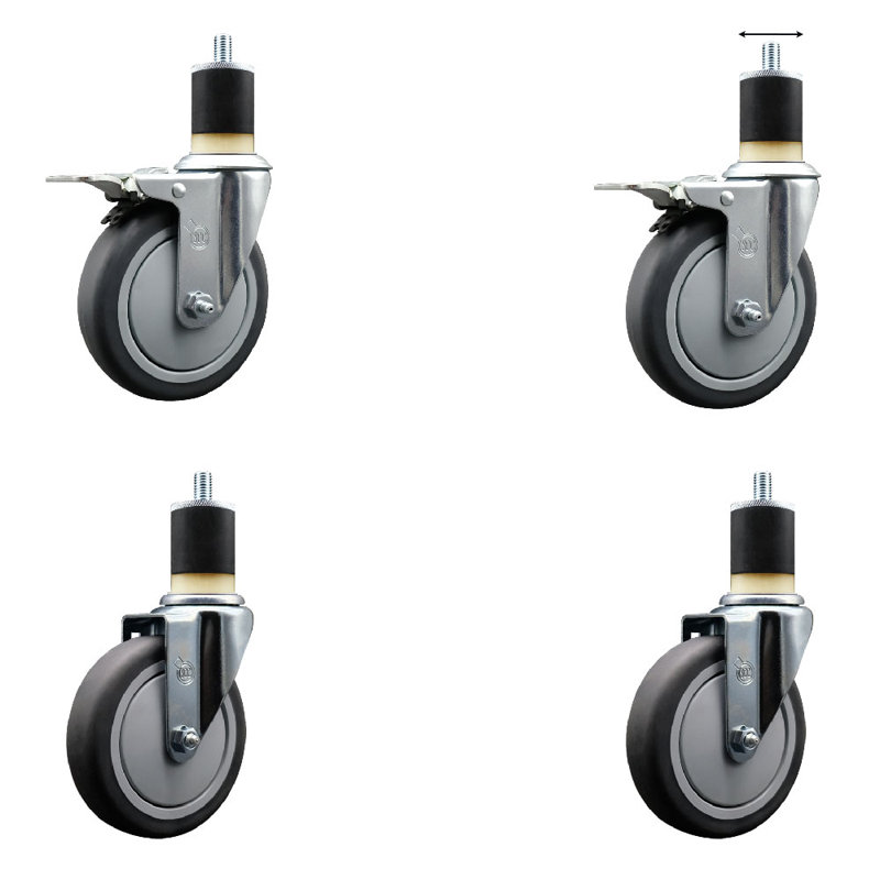5 Inch SS Thermoplastic Rubber Swivel 1-7/8 Inch Expanding Stem Caster Set 2 Total Lock Brakes