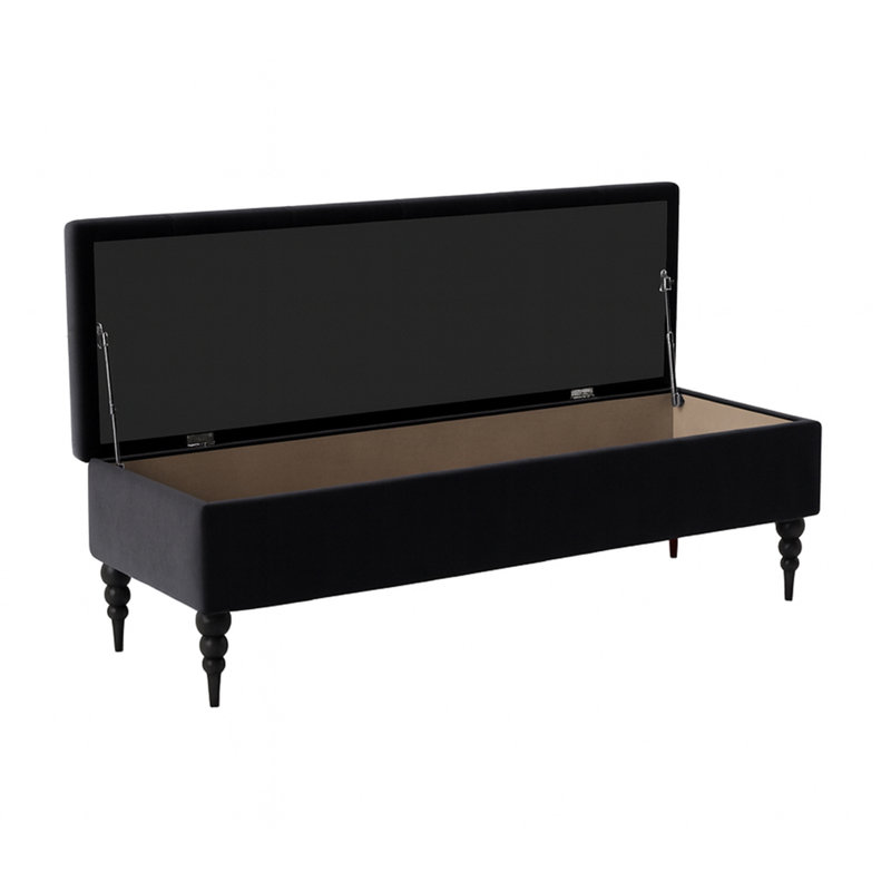 Safar Wide Tufted Rectangle Ottoman Storage Bench – Upholstery Plush Velvet Shoe Bench with Black Turned Wooden Legs, Black