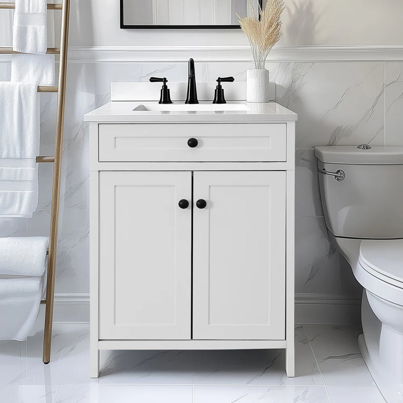 Ensemble de meuble-lavabo sur pied simple 30 po avec lavabo Modern, Blanc, Noir