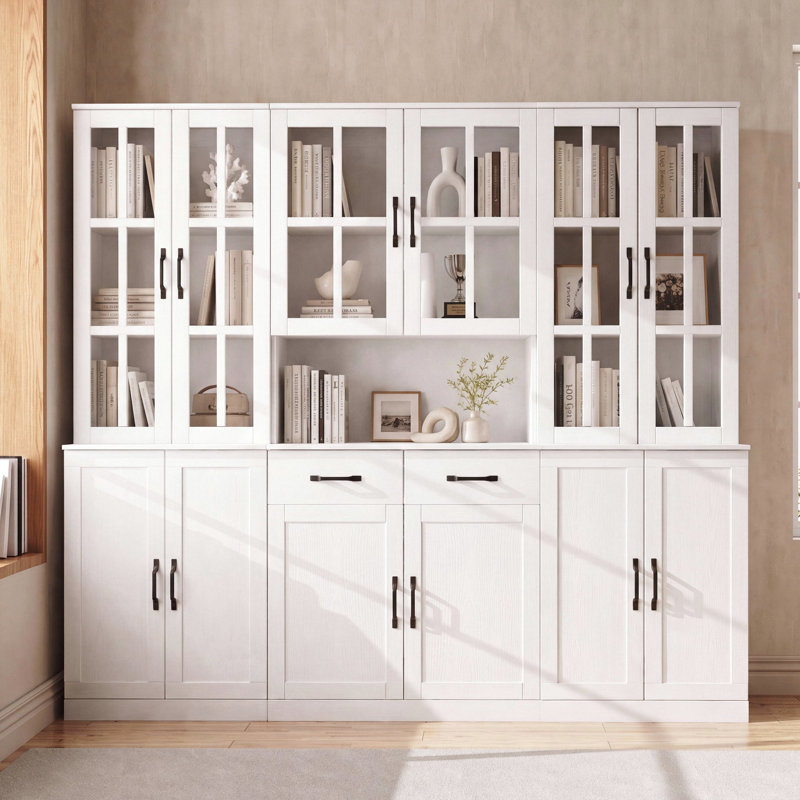 Bibliothèque H 71 "x l 78,8" avec portes et tiroirs en verre, Blanc