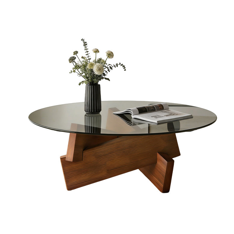 27.5" x 27.5" x 12.2" Modern Round Coffee Table with Tempered Glass Top & Wood Base - Mid-Century Center Table for Living Room (Walnut)