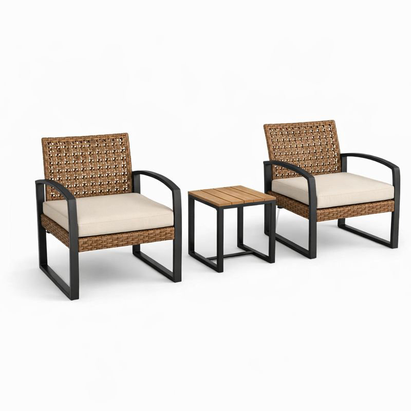 Chaise bistro en rotin 3 pièces avec coussins