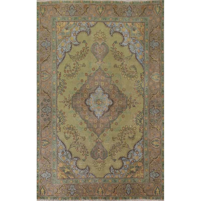 Tapis vert perse surteint Tabriz noué à la main 6 x 9