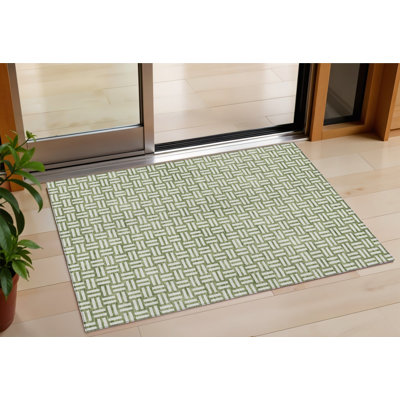 3' X 5' Green And Ivory Geometric Washable Indoor Outdoor Area Rug