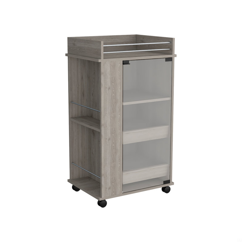 Chariot-bar avec porte vitrée, 2 tablettes latérales et roulettes, gris clair