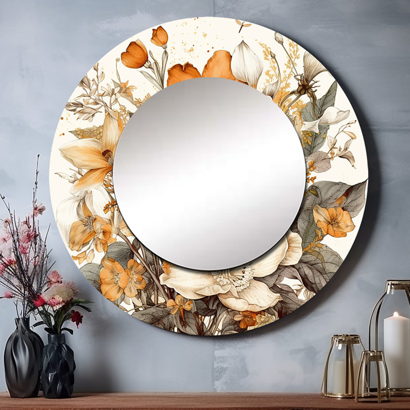 Palak Cream And Orange Flowers Bouquet Interpretation II - Bouquet Wall Mirror, Cream Round Decorative Mirror, Printed Metal Art