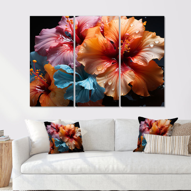 Hibiscus coloré moderne, floraison II - ensemble d'art sur toile Hibiscus, H 28 po x l 36 po x P 1 po