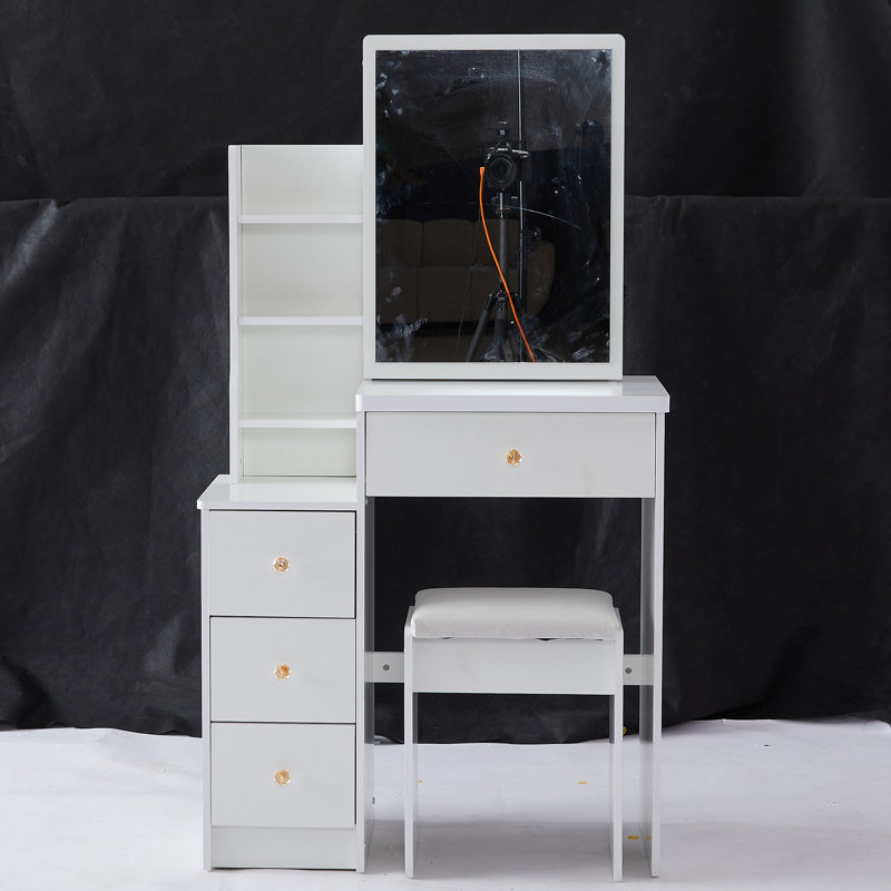 Roy Left Vanity Table with Padded Stool, White