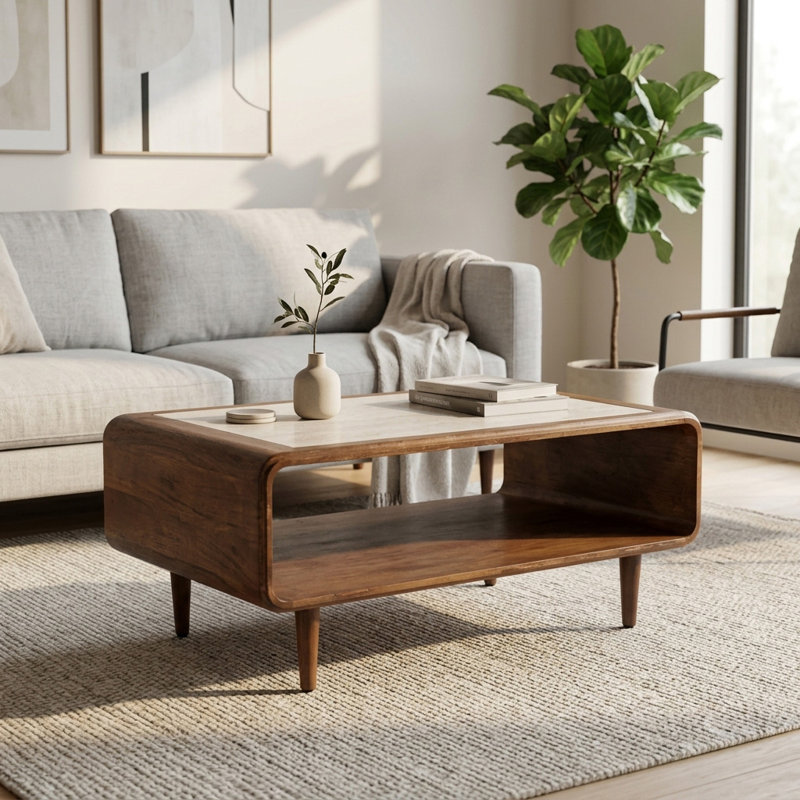 Adonia Modern Mango Wood & Travertine Coffee Table with Open Storage Shelf - 36"