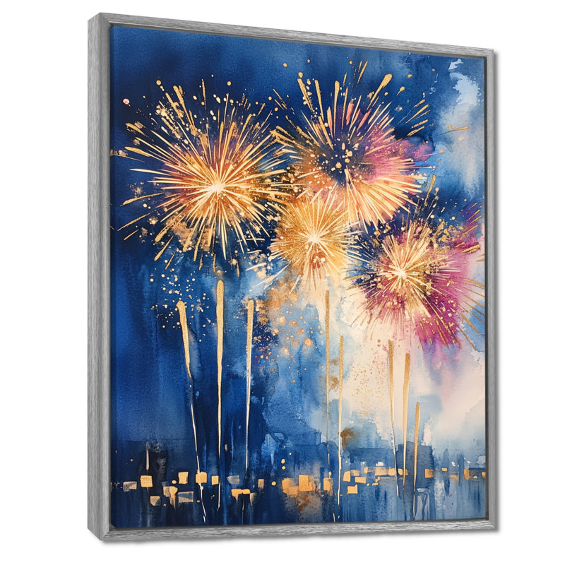 Feux d'artifice sur la nouvelle année - art mural sur toile saisonnier bleu, H 32 po x l 16 po, Silver Floater Framed