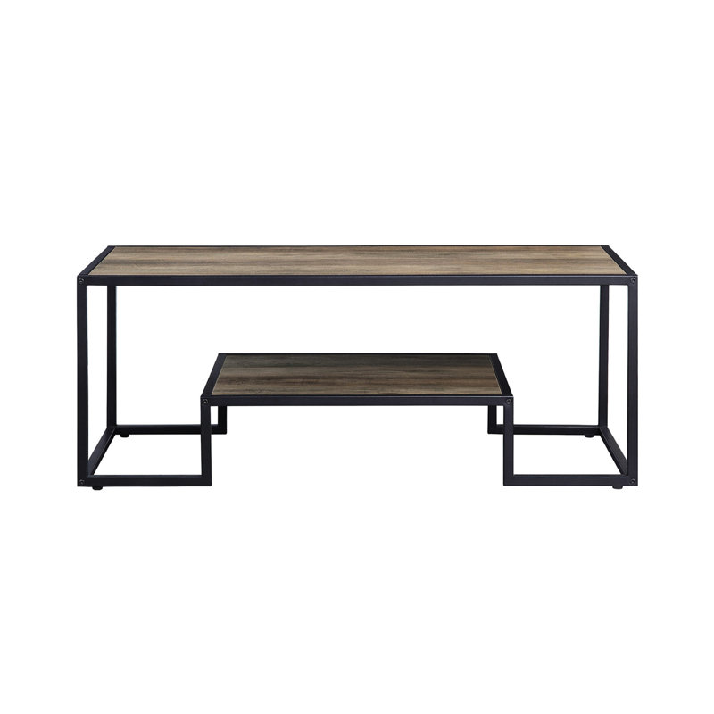 Table basse rectangulaire rustique en chêne et en noir avec une structure en métal à 1 niveau, une épaisseur de 15 mm, un bord en placage de papier pu, pour une décoration ouverte