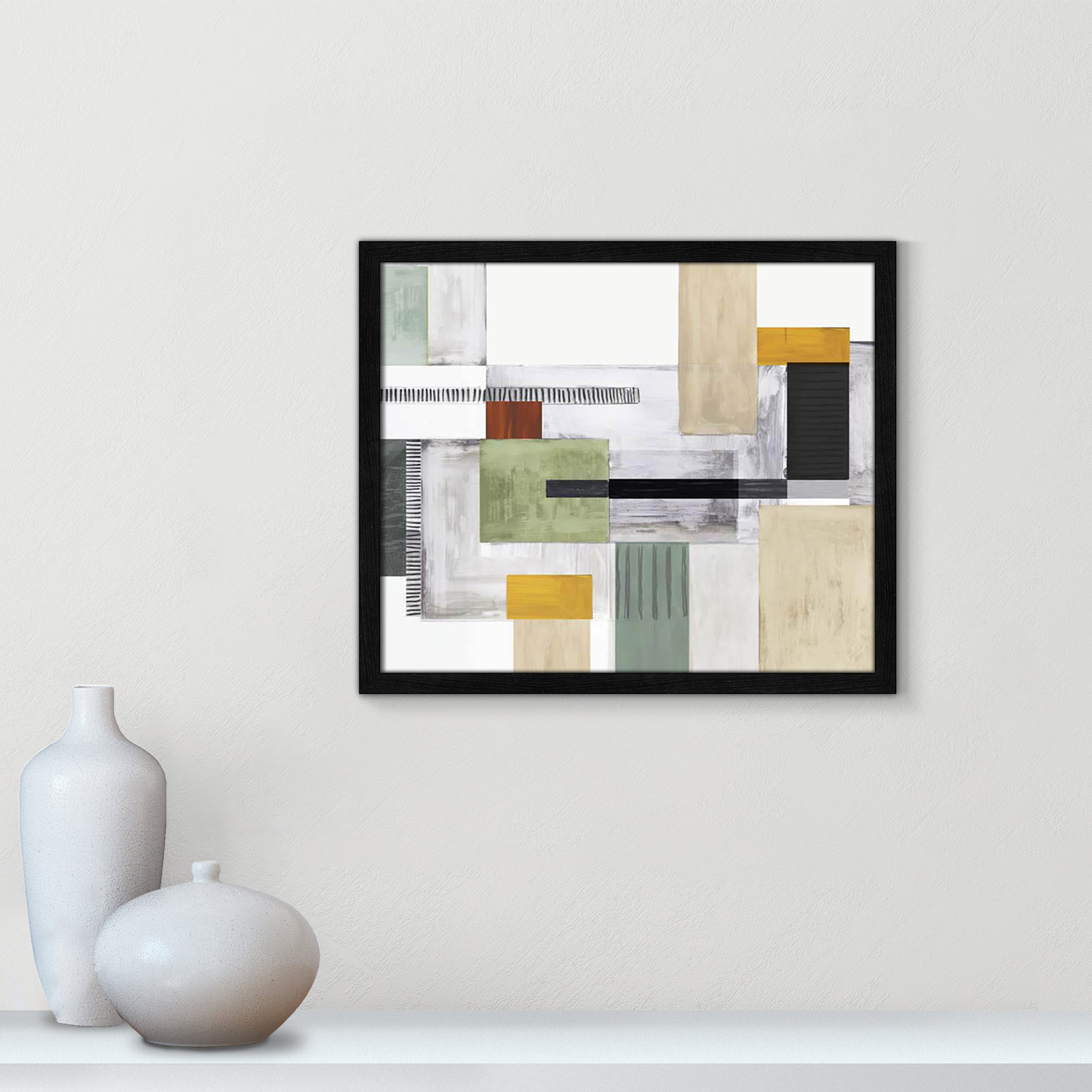 Playful Blocks Print by Tom Reeves, No Mat, 16" H x 19" W x 0.75" D, Black Slim Picture Framed