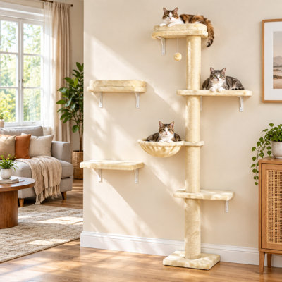 Étagères murales pour chat 3 en 1 avec poteaux à griffer, ensemble d'escalade beige avec lits et hamac