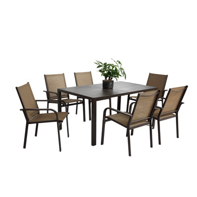 Ensemble de salle à manger 7 pièces, table de jardin et 6 chaises en textilène, ensemble de conversation avec table rectangulaire et 6 chaises empilables