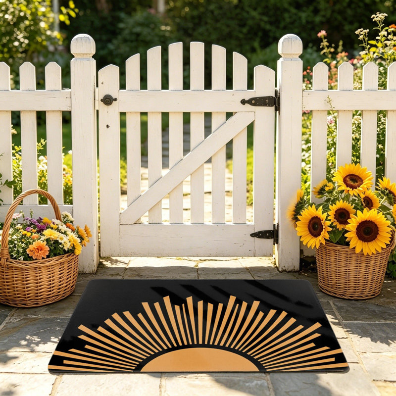 Tapis de sol Art Deco Gold Sunburst pour porche d'entrée, 24 x 36 po, or noir