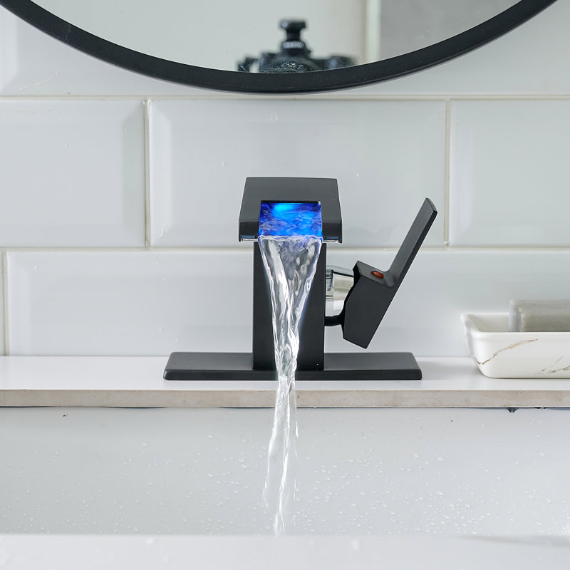Robinet de salle de bain avec bec de cascade à changement de couleur à DEL 3 lumières, mélangeur d'eau chaude et froide à fixation sur le comptoir, robinet de lavabo noir