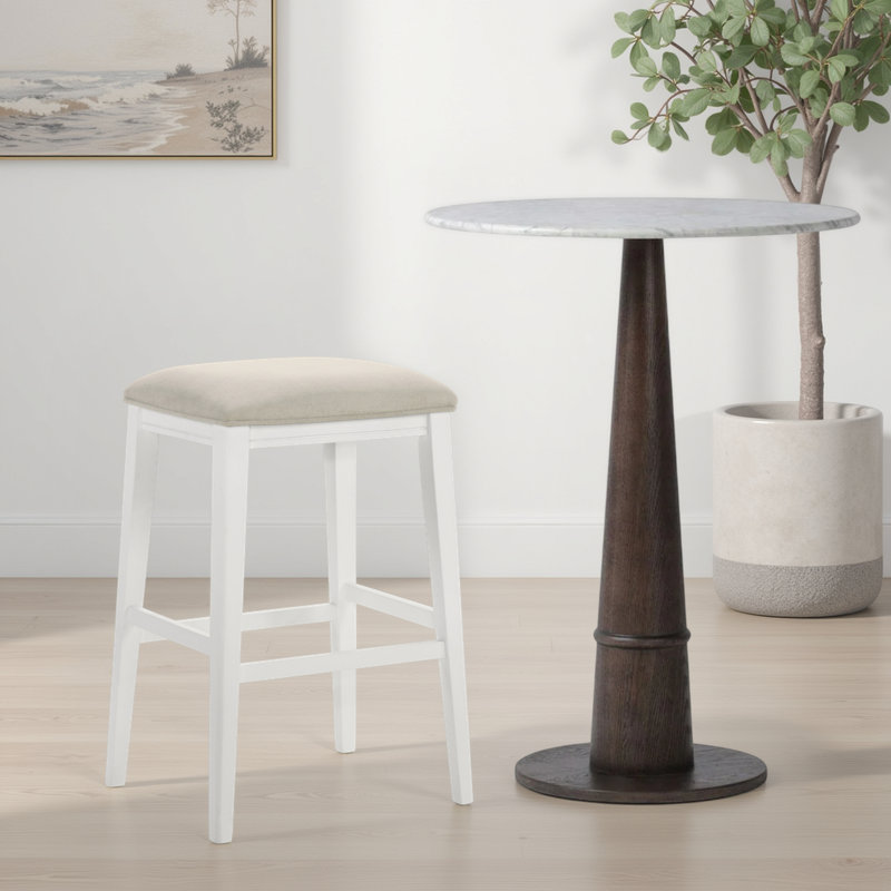 Jane Contemporary Transitional Wood Bar Height Kitchen Bar Stool In White Finish With Cream Fabric Upholstered Seat, 1