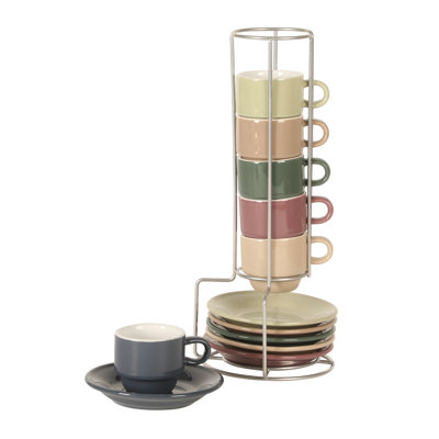 Gibson Elite Sensations 13 Piece Espresso Cup Set with Metal Rack, Stoneware Espresso Cups & Saucers, Solid Color Stackable Coffee Set, Café Style