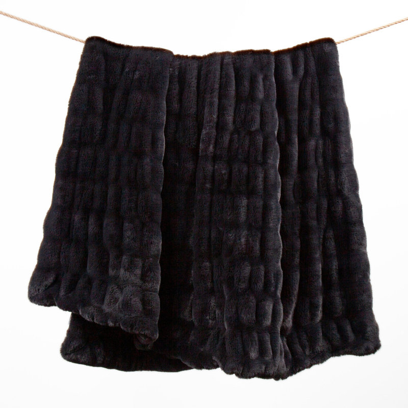 Ruched Rabbit Reversible Solid Faux Fur Classic Modern Rustic Throw Blanket, 50" x 80", Black