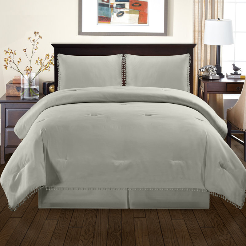 Ensemble d'édredon en microfibre Superior Pom-Pom, Double / grand et 2 taies décoratives, Gris