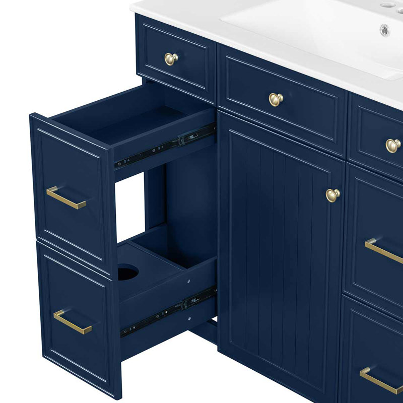 36'' Free-Standing Bathroom Vanity With Ceramic Sink, Cabinet With One Doors And 3 Drawers, Dark Blue