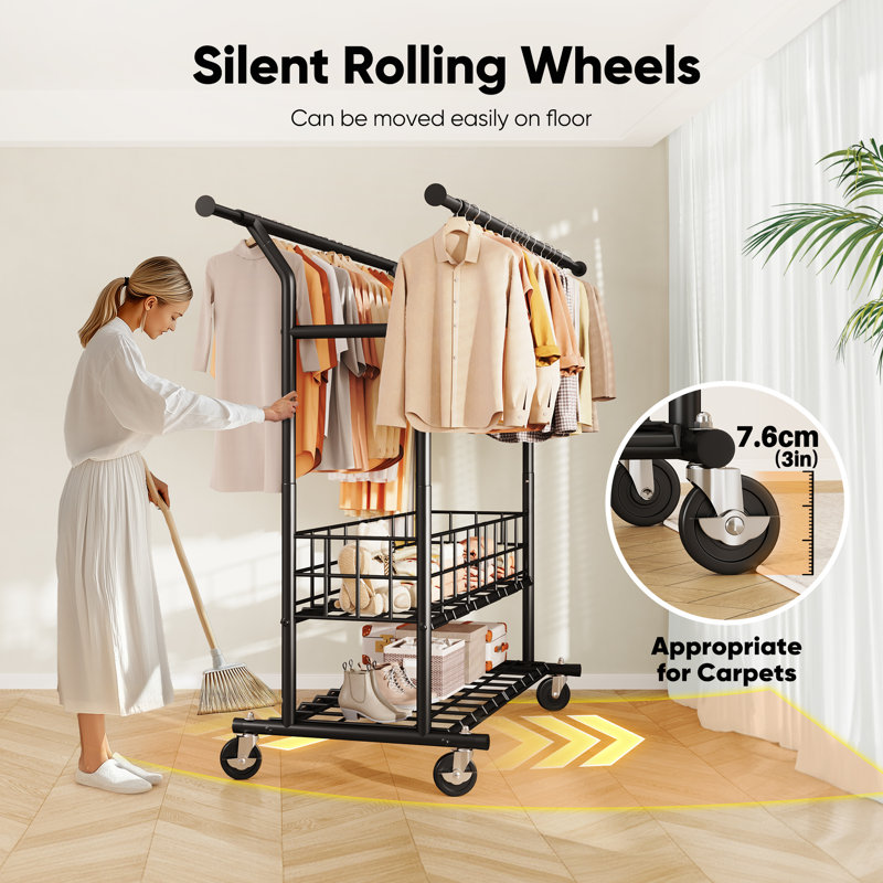 Double Rail Clothes Rack on Wheels, 283kg(625lbs) Capacity, with Mesh Storage Basket & Bottom Shelf, Black