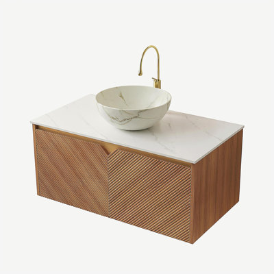 Meuble-lavabo et lavabo de salle de bain 36 po RUBEN, armoire de rangement flottante en contreplaqué, portes doubles en sergé avec garniture en métal, vasque en céramique blanche à motif de pierres et plateau en pierre frittée, couleur grain de bois de chêne brun