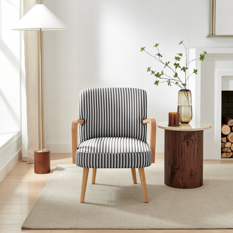 Taseefa Upholstered Accent Armchair with Oak Effect Legs - Contemporary Striped Fabric, Black/Cream