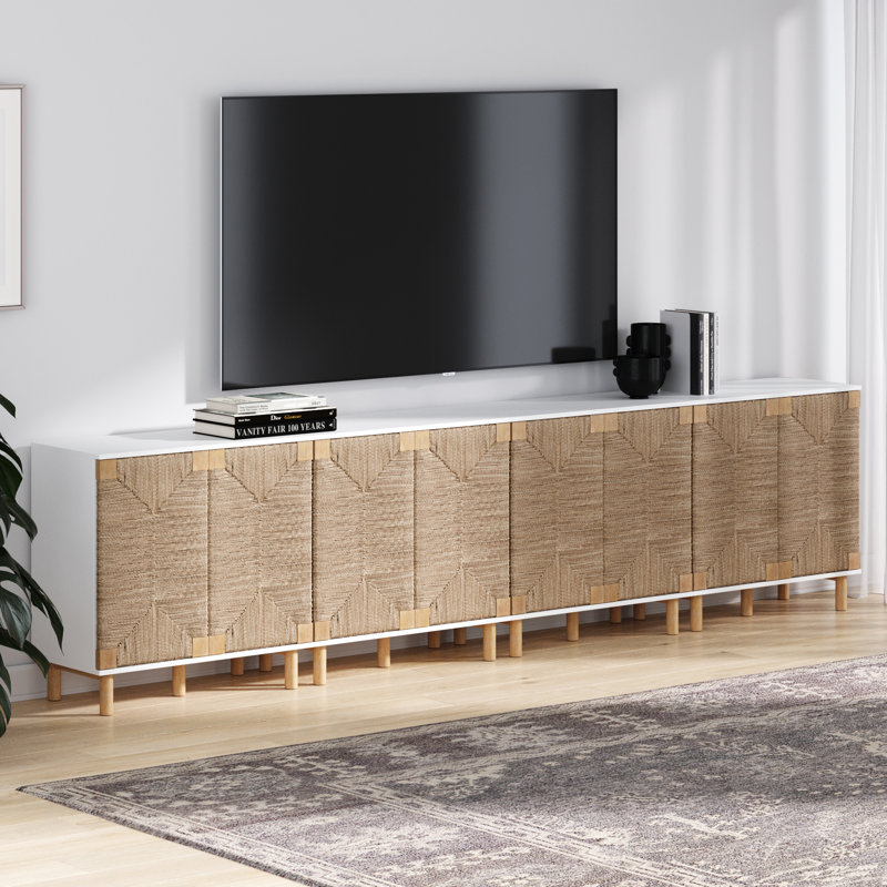 Debets Solid Wood Accent Cabinet Set with Seagrass Doors, Warm White