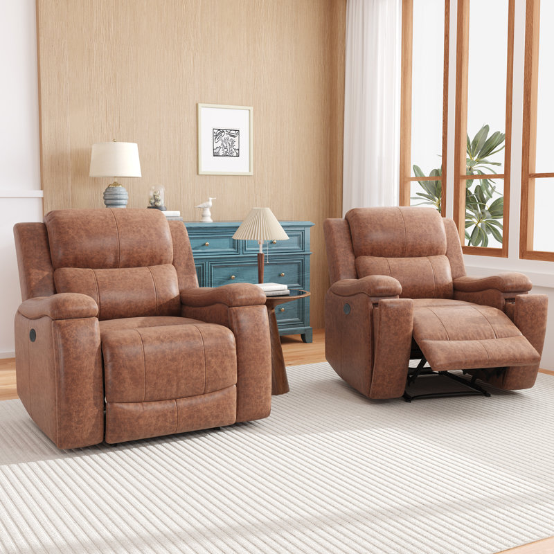 Fauteuil inclinable électrique en cuir de 37 po de largeur avec porte-gobelet caché (ensemble de 2)