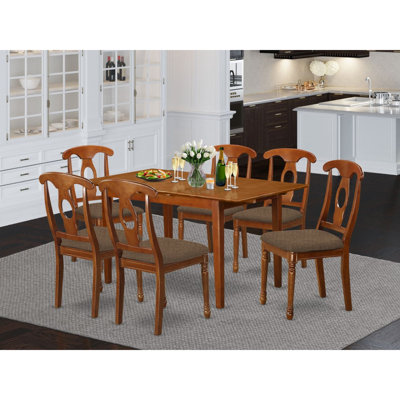 7 Piece Dinette Set Consist of a Rectangle Dining Room Table with Butterfly Leaf and 6 Linen Fabric Dining Chairs, Saddle Brown