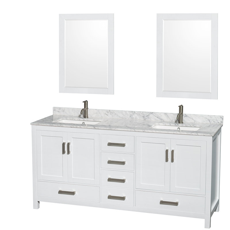Meuble-lavabo double autoportant 72 po avec plateau en marbre Sheffield, Blanc