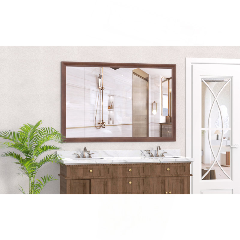 60"X40" Oversized Modern Rectangle Bathroom Mirror With Walnut Frame Decorative Large Wall Mirrors For Bathroom Living Room Bedroom Vertical Or Horizontal Wall Mounted Mirror With Aluminum Frame