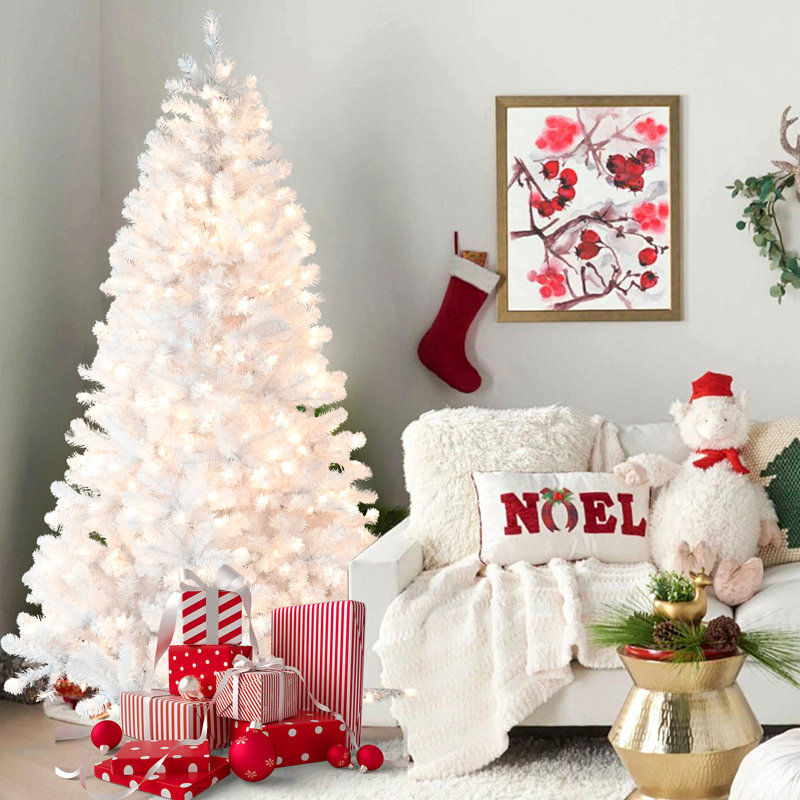 Arbre de Noël blanc pré-éclairé avec fil mémoire - lumières incandescentes chaudes, pointes, conception à dépliage automatique, support en métal stable, arbre de Noël artificiel en PVC