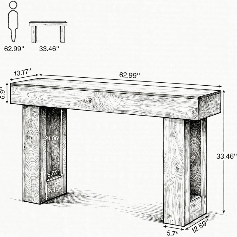 Console 63 po, table de canapé d'entrée en bois, table de couloir d'entrée, table d'appoint rustique, Noir