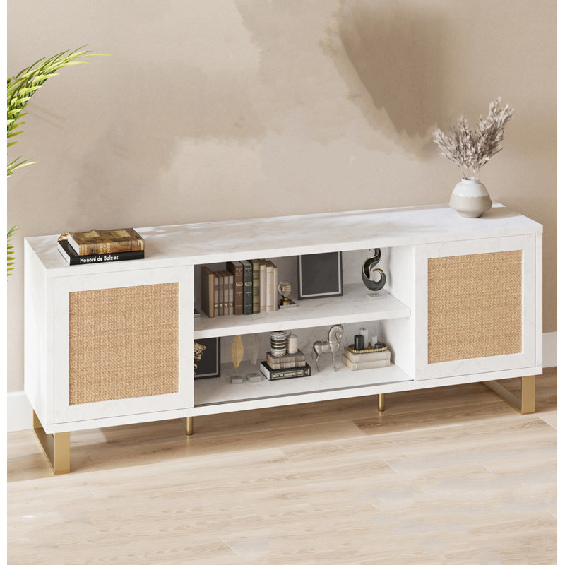 Meuble télé blanc avec rangement en rotin