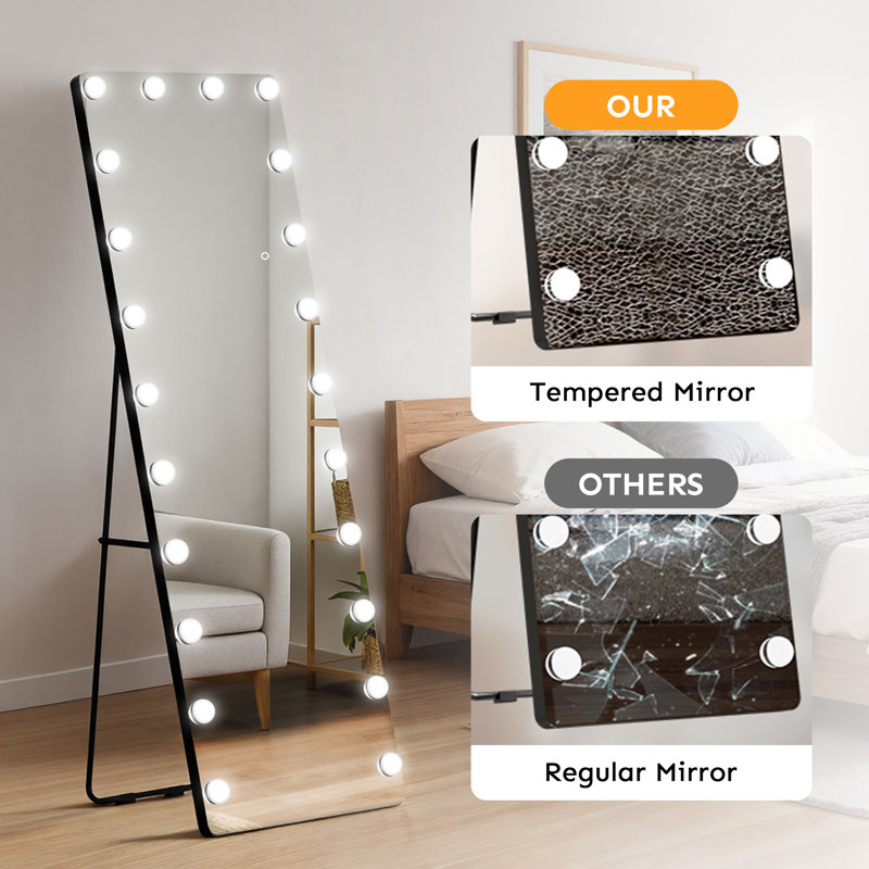 Hollywood Style Full Length LED Mirror – Tempered Glass, Exposed Bulb Front Light, 3 Color Modes, Includes Stand, 65"  x 22" 