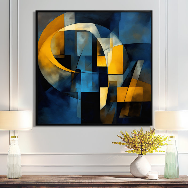 Symphonie dans Kings Blue Jazz II - art mural géométrique, Toile avec cadre flottant noir, H 16 po x l 16 po x P 1 po