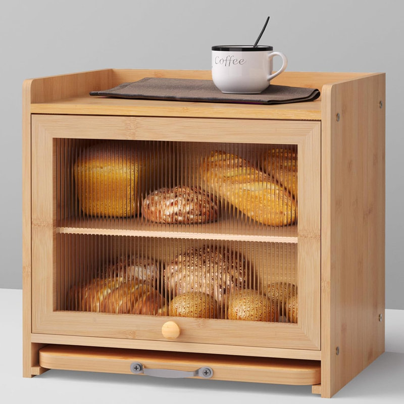 Boîte à pain en bambou pour comptoir de cuisine, organisateurs de comptoir de cuisine double couche et rangement pour fruits, thé, épices, café, boîte à pain rétro avec planche à découper