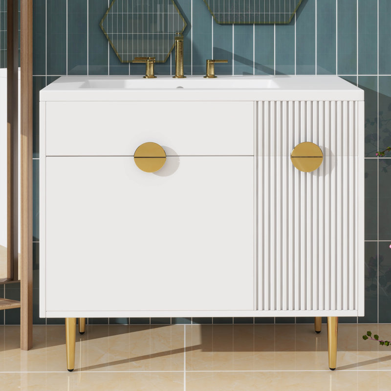 Meuble-lavabo de 36 po avec lavabo en résine, meuble-lavabo moderne, unité de rangement avec portes à fermeture en douceur et rabattable