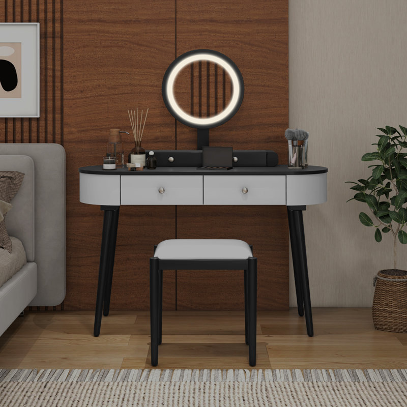 Ensemble de meuble-lavabo à miroir 4 tiroirs avec tabouret Kiree , Blanc/Noir