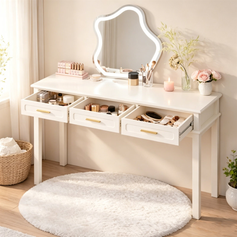Bureau de coiffeuse à 3 tiroirs crème blanc, table de maquillage et d'écriture polyvalente pour la chambre à coucher, miroir non inclus