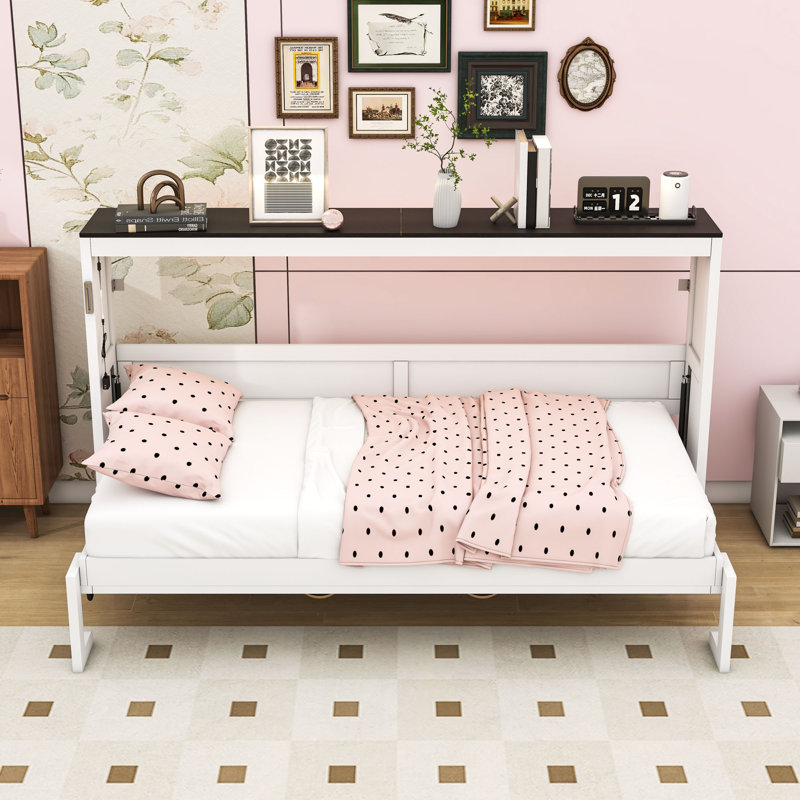 Lit escamotable simple en bois avec lumière DEL, Blanc/brun