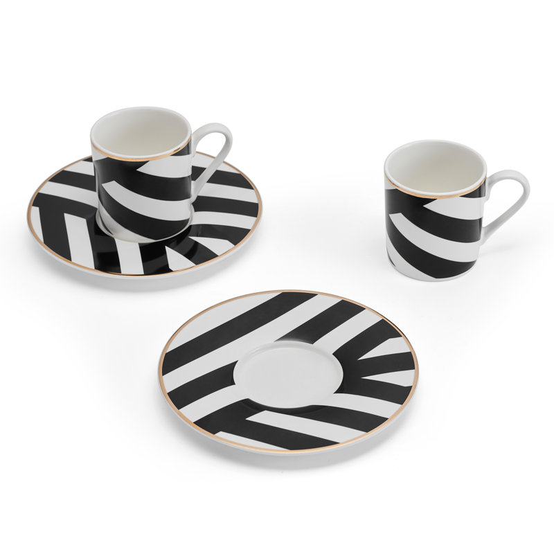 Mikasa Luxe Deco Geometric Stripe China Espresso Cups and Saucers, 100ml