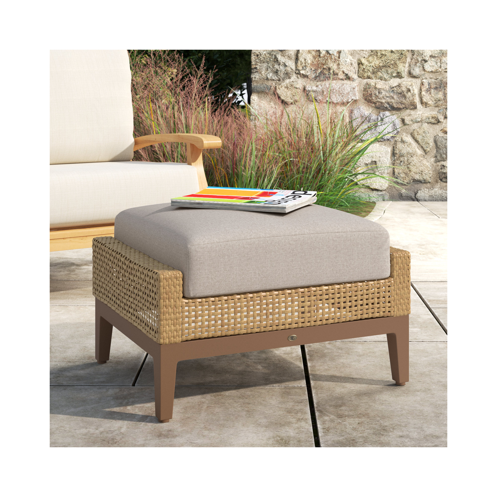 Peninsula Wicker Outdoor Woven Ottoman, Dove Sunbrella® Linen, Peninsula #37 Light Raffia/Natural, No welt + Standard fill