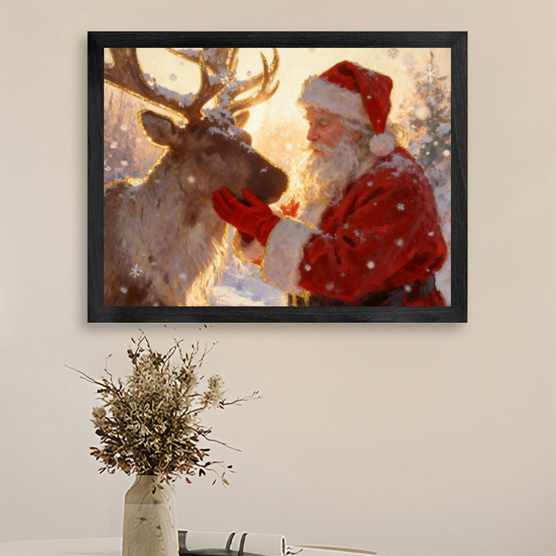 Art mural rétro noir encadré père Noël et renne dans la forêt d'hiver, H 13 po x l 17 po